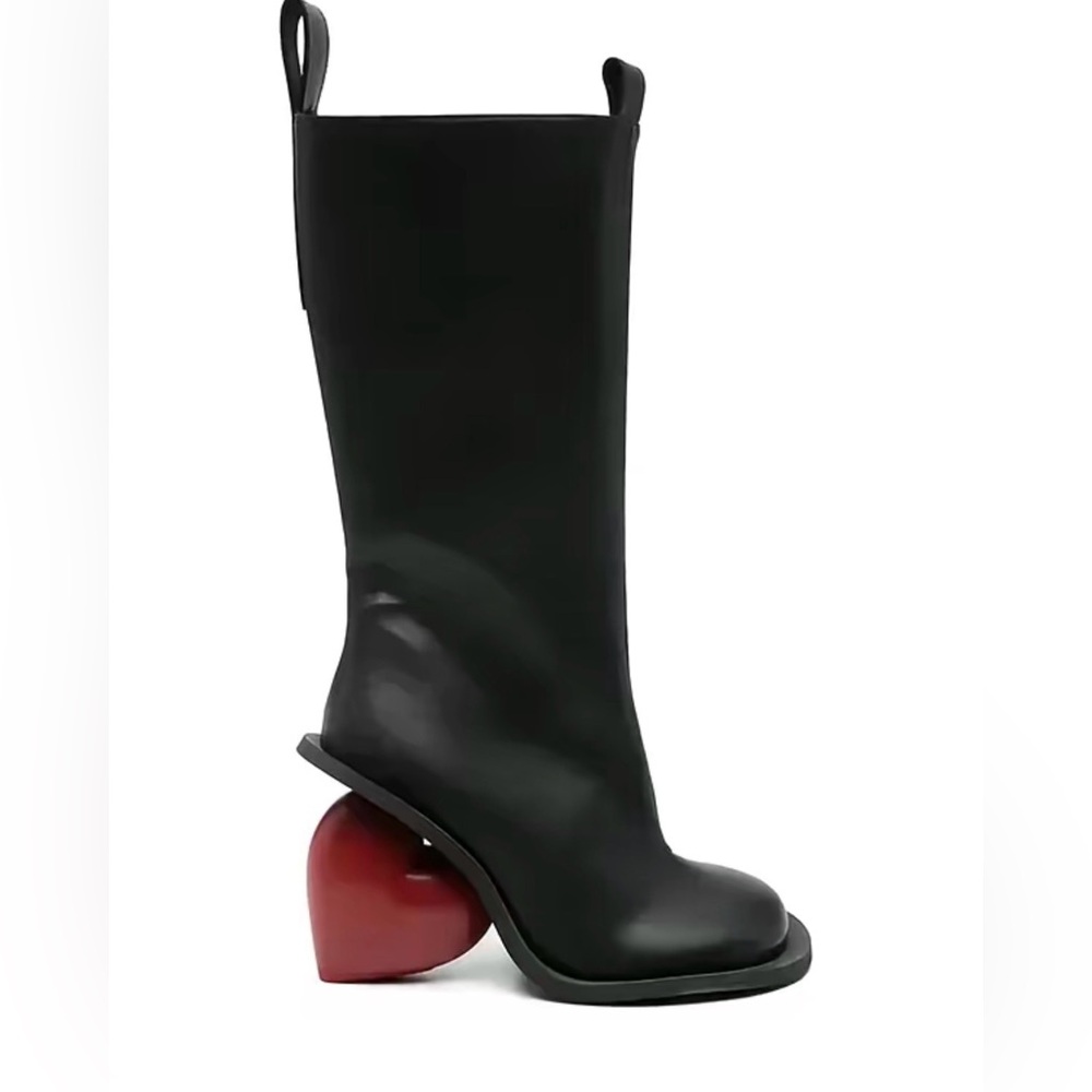 Black Leather Mid-Calf Heeled Boots with Sculpted Red Accent Heel